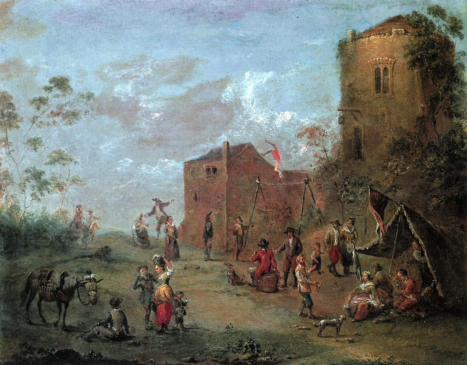 Scena rurale con giocolieri e acrobati